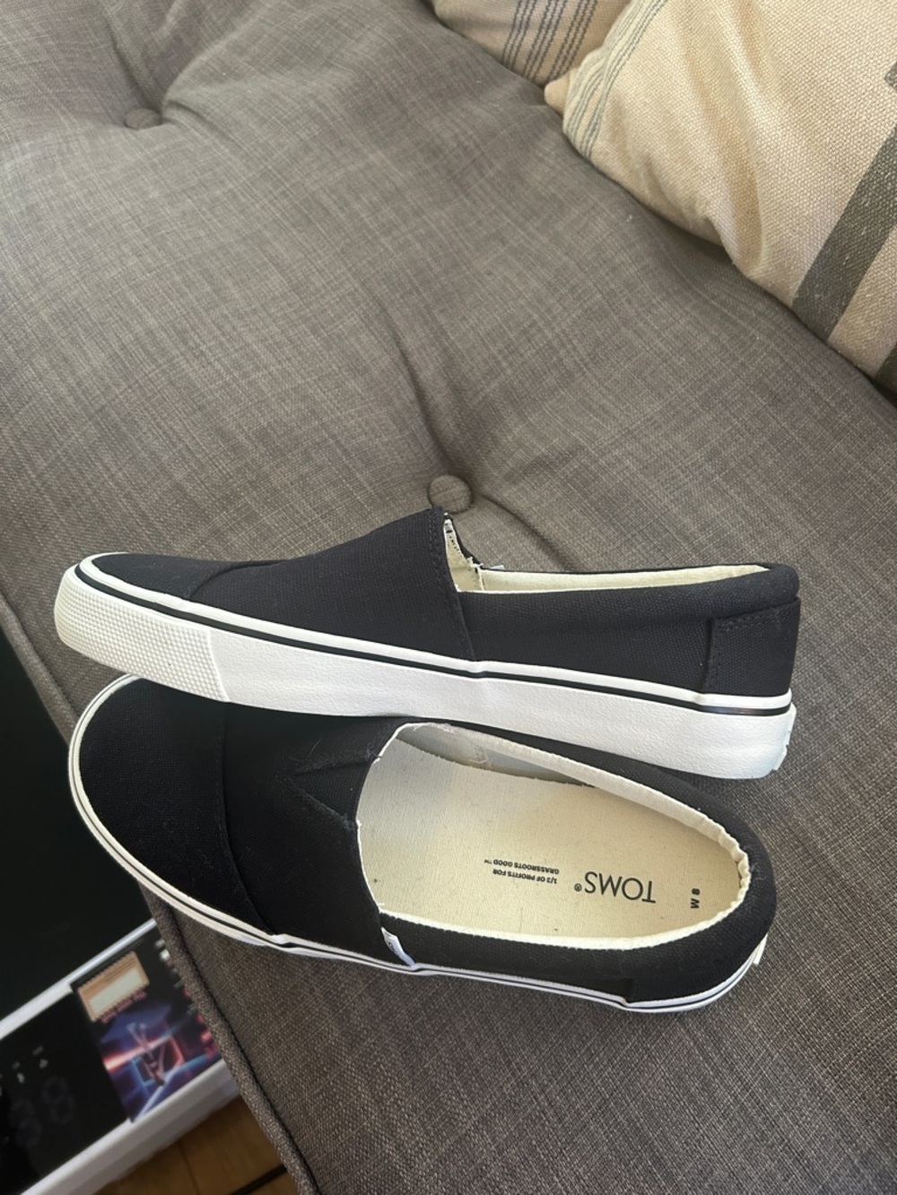 Toms Black Canvas Slip-On Shoes with White Sole
